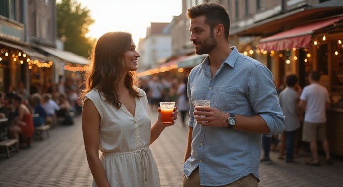 Twee volwassenen genieten van een festival op een geplaveide straat.