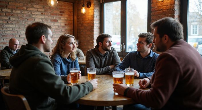 Een groep volwassenen geniet van sociale interactie in een Belgisch café