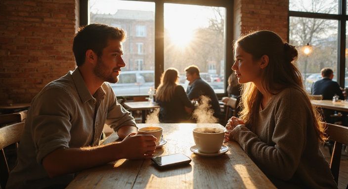 Twee mensen genieten van koffie in een gezellige café-omgeving. Twee mensen genieten van koffie in een gezellige café-omgeving en willen flirten en daten in Vlaams-Brabant.