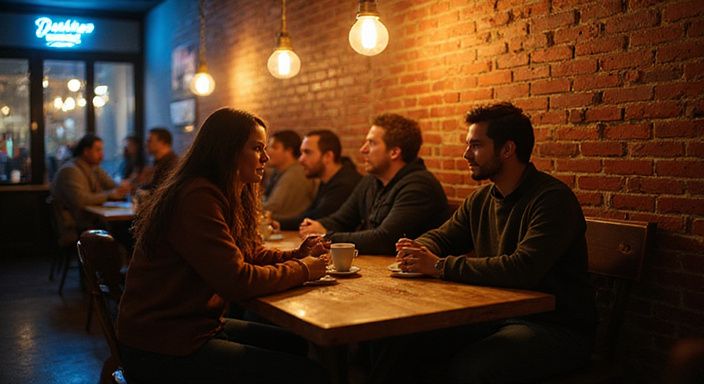 Een levendig café in Leuven met sociale interactie tussen bezoekers. Een levendig café in Leuven met sociale interactie tussen bezoekers.