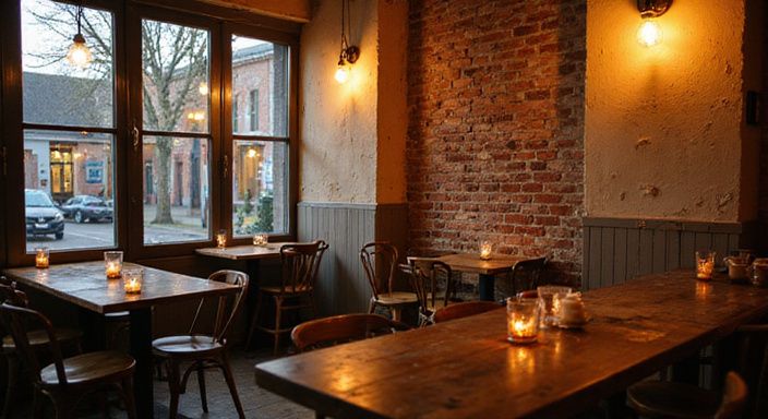 Café in Leuven met houten tafels, unieke stoelen en een gezellige sfeer. Café in Leuven met houten tafels, unieke stoelen en een gezellige sfeer.