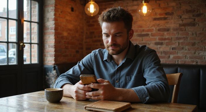 Een man verdiept in een datingapp in een café. Een man verdiept in een datingapp voor flirten en daten in Vlaams-Brabant in een café.