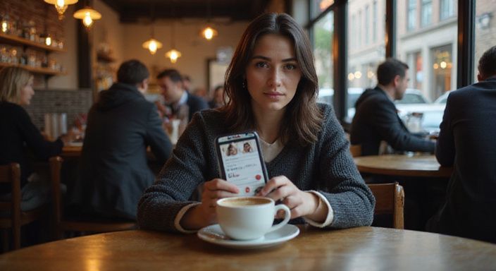 Een vrouw in een café kijkt naar een datingapp op haar telefoon. Een vrouw in een café kijkt naar een datingapp voor flirten en daten in Vlaams-Brabant op haar telefoon.