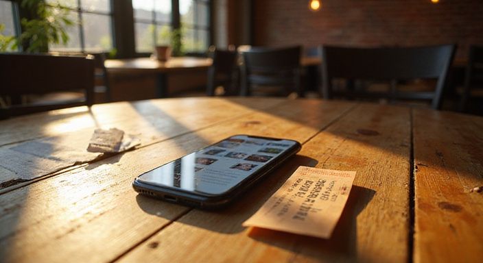 Een smartphone op een houten tafel met dating-app interfaces. Een smartphone op een houten tafel met dating-app interfaces.