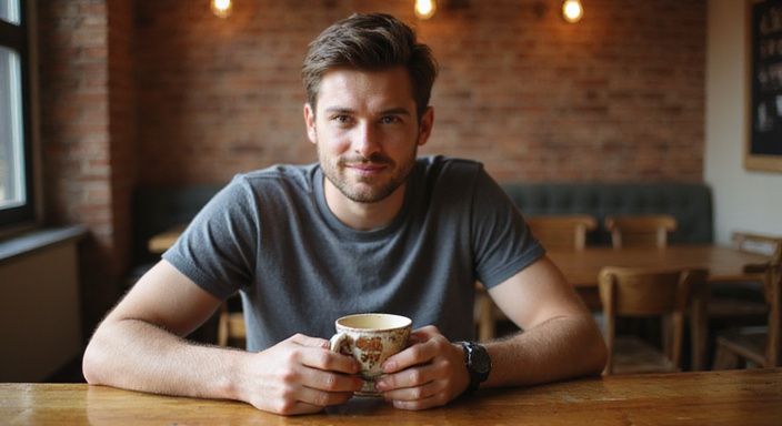 Een persoon in een café, geconcentreerd op een dating-app. Een persoon in een café, geconcentreerd op een dating-app voor flirten en daten in Vlaams-Brabant.