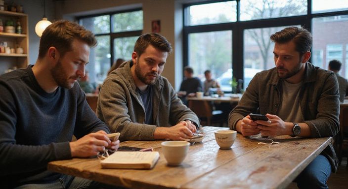 Een diverse groep volwassenen geniet van koffie in een trendy café. Een diverse groep volwassenen geniet van koffie in een trendy café.