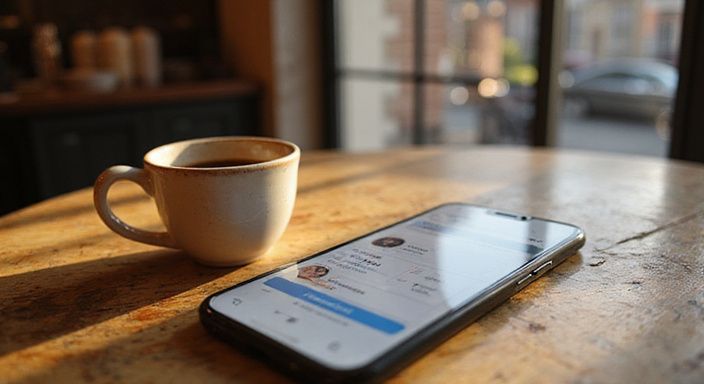 Een smartphone met datingprofielen op een verweerd eiken tafel. Een smartphone met datingprofielen voor flirten en daten in Vlaams-Brabant op een verweerd eiken tafel.