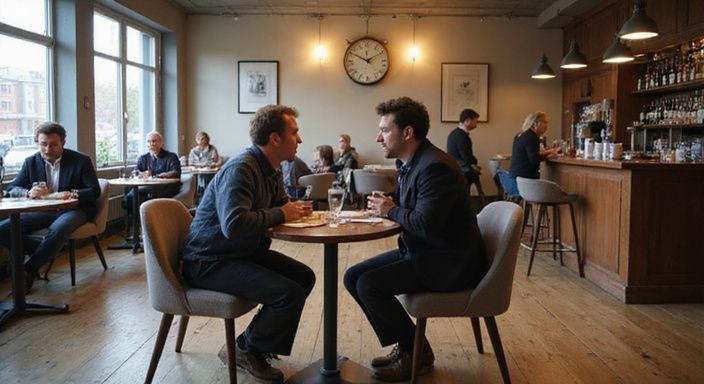 Sneldate-evenement met deelnemers in levendige gesprekken aan ronde tafels. Sneldate-evenement met deelnemers in levendige gesprekken over flirten en daten in Vlaams-Brabant aan ronde tafels.