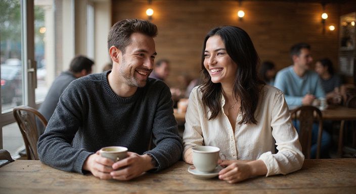 Een man en vrouw lachen samen in een drukke koffiebar. Een man en vrouw lachen samen in een drukke koffiebar.