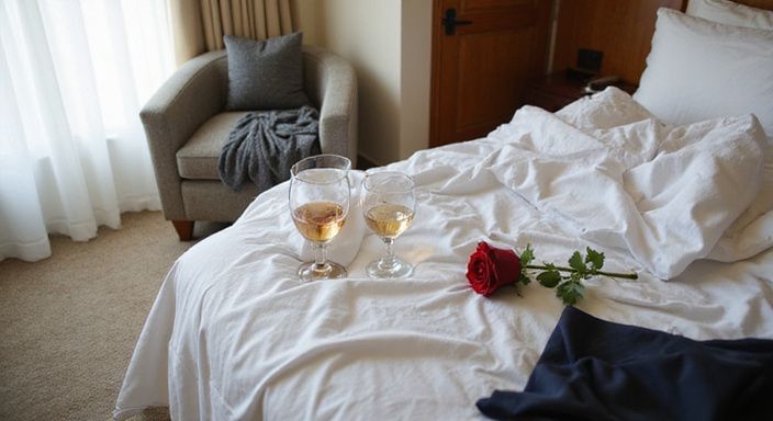 Een ongeorganiseerde hotelkamer met een bed, bloemen en kleding. Een ongeorganiseerde hotelkamer met een bed, bloemen en kleding.