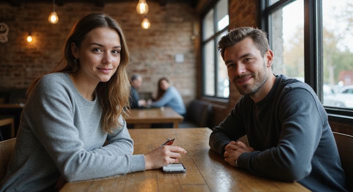 Twee volwassenen genieten van een ontspannen gesprek over stiekem flirten in een café.