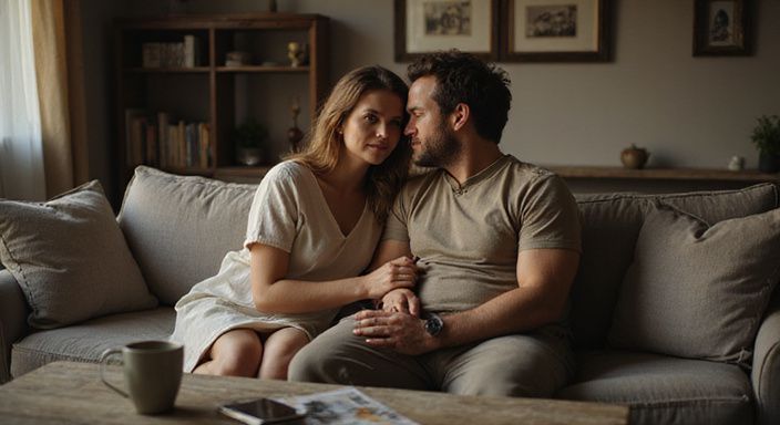 Een paar geniet van stiekem flirten op hun bank.