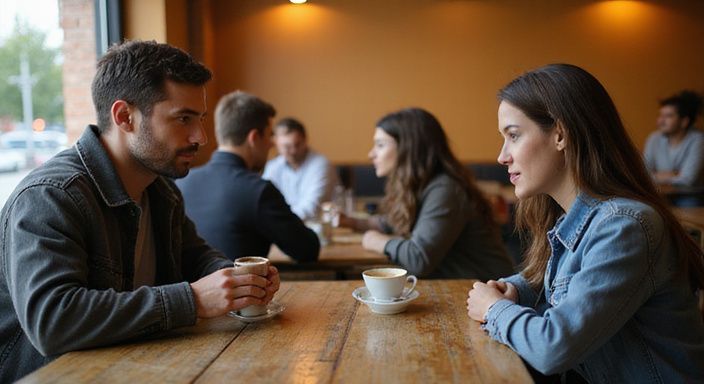Twee jonge volwassenen hebben een ontspannen gesprek in een koffiehuis.