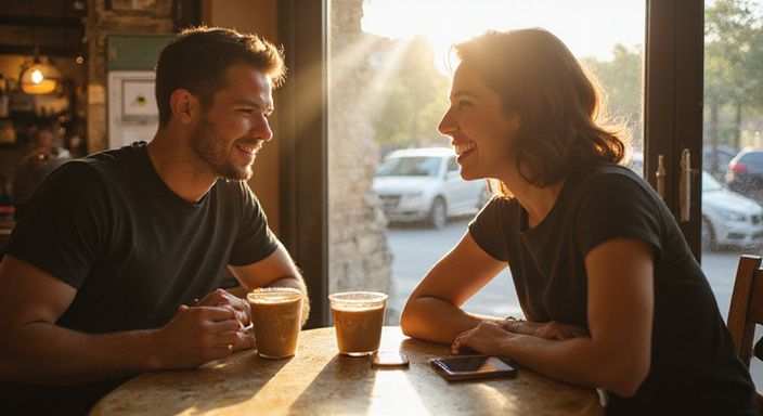 Twee volwassenen genieten van een gesprek over stiekem flirten in een koffiehuis.