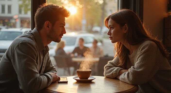 Twee jonge mensen delen een intiem gesprek over stiekem flirten in een café.