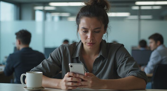 Vrouw in spanning, blokkert contact met gefocuste, bezorgde uitstraling.