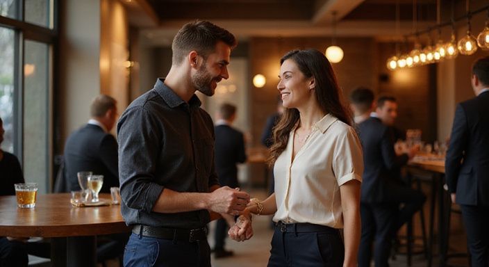 Twee professionals lachen en converseren over stiekem flirten in een moderne lounge.