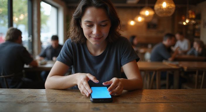 Een jonge persoon glimlacht contemplatief terwijl ze op hun smartphone kijkt.