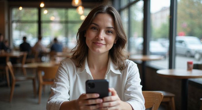 Een jonge vrouw glimlacht ontspannen terwijl ze haar smartphone vasthoudt.