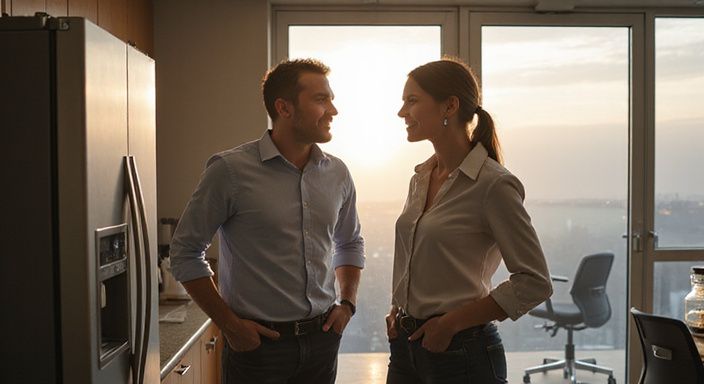 Een man en vrouw in gesprek in een kantoorbreakroom.