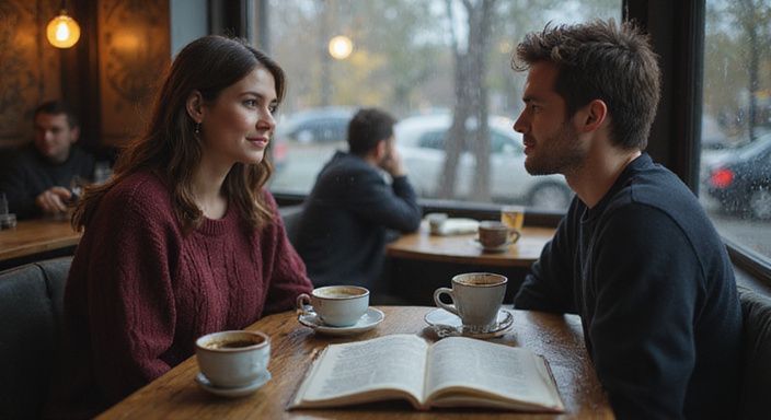 Een vrouw glimlacht terwijl ze met een man in een café praat.