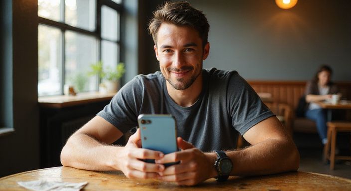 Een jongvolwassene genietend van hun smartphone in een café.