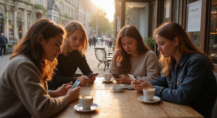 Vijf jonge volwassenen zitten samen in een café in Brugge.