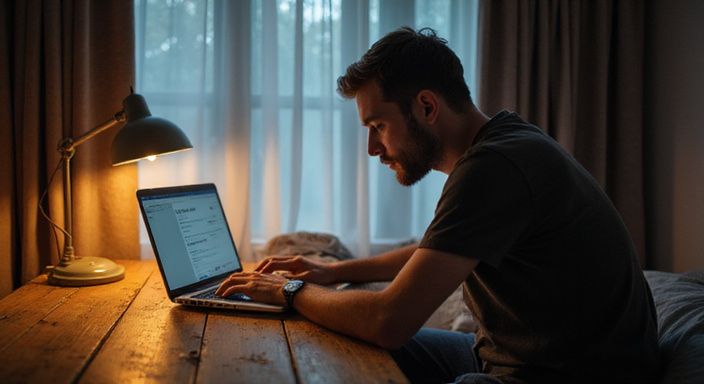 Een man zit geconcentreerd achter een laptop op een houten bureau